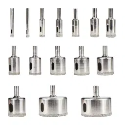 Uptodateprouducts Diamond Hole Saw Drill Bit Set Masonry 6 to 50 mm Dia. Range Diamond-Coated Steel Metallic Silver (Set of 15 Pcs)-89