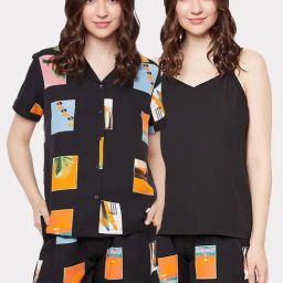 Clovia Black Printed Shirt Shorts Set With Camisole-image-60