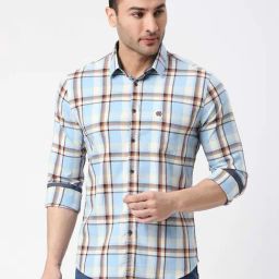 Dragon Hill Sky Blue Slim Fit Check Shirt-image-57