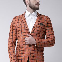 Hangup Men Rust Orange & Blue Checked Single-Breasted Casual Blazer-image-71