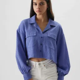 The Souled Store Blue Cotton Crop Shirt-picture-40