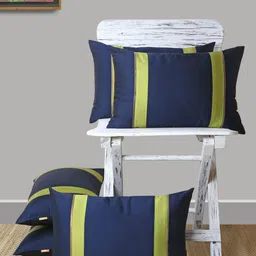 ANS Navy Blue & Lime Green Set of 5 Striped Rectangle Cushion Covers-17