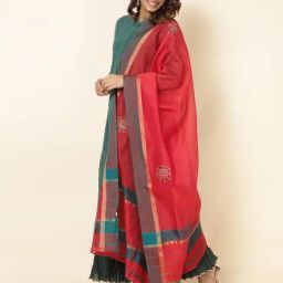 Fabindia Red Cotton Silk Embroidered Dupatta-picture-21