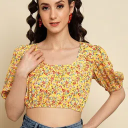 Trend Arrest Floral Print Puff Sleeve Cotton Crop Top-82