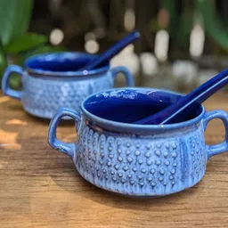 Clay Karma 2-Pcs Blue Textured Ceramic Dishwasher Safe Mugs With Spoon-image-89