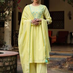 SAVI Floral Yoke Design Pleated Thread Work A-Line Kurta With Palazzo & Dupatta-46