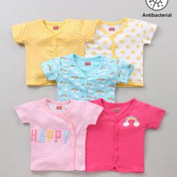 Babyhug 100% Cotton Antibacterial Half Sleeves Vests Rainbow Print Pack of 5 - Pink Blue Yellow White-image-51