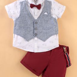 ToffyHouse 100% Cotton Half Sleeves Party Suit Bicycle Print - White & Maroon-picture-4