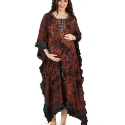 Mom for sure by Ketki Dalal Three Fourth Batwing Sleeves Abstract Crumple Tie & Dye Maternity & Nursing Kaftan Dress - Brown-picture-5