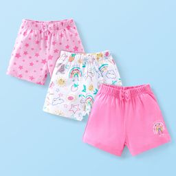 Babyhug Cotton Knit Shorts With Star & Clouds Print Pack Of 3 - Pink & White-image-44
