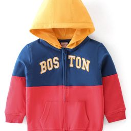 Babyhug 100% Cotton Knit Full Sleeves Cut & Sew Sweatjacket With Hood Text Applique Detailing - Red & Navy Blue-image-35