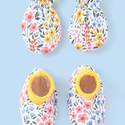 Babyhug 100% Cotton Floral Printed Mittens & Booties Set - Yellow & White-image-22