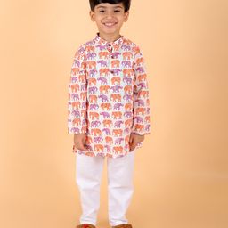 MoMaa Pure Cotton Full Sleeves All Over Elephant Printed Kurta & Pyjama Set - Orange-image-81