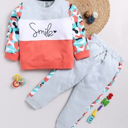 TOONYPORT Full Sleeves Smile Printed Sweatshirt With Joggers Set - Peach White Grey-picture-22
