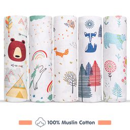 Babyhug Cotton Muslin Multipurpose Swaddle Wraps Animal Print Pack of 5 - Multicolour-image-64