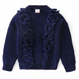 Babyhug Knitted Full Sleeves Pullover Sweater with Solid Colour & Frill Detailing - Navy Blue-image-85