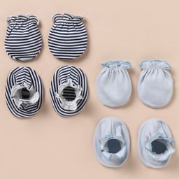 Ben Benny 100% Cotton Knit Mitten & Booties Set Solid & Striped Pack of 2 - Blue-image-1