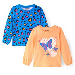 Honeyhap Premium100% Cotton Knit Full Peasant Sleeves Heart & Butterfly Printed Tops Pack of 2 - Mock Orange &Indigo Bunting-image-49
