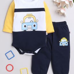 BUMZEE Cotton Full Sleeves Vehicle Printed Onesie & Joggers Set - Navy & White-image-29