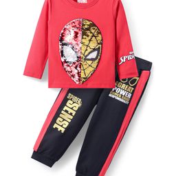 Babyhug Marvel Single Jersey Knit Full Sleeves T-Shirt & Lounge Pant Set WithReversible Spider-man Sequins Detailing - Red & Black-image-96