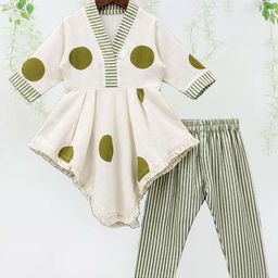 Bolly Lounge Three Forth Sleeves Printed Hem Kurti With Striped Pant - Green-image-43