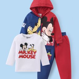 Babyhug Disney Cotton Knit Full Sleeves Mickey Mouse Printed Front Zipper Hooded Jacket With T-Shirt & Lounge Pant - Red & Blue-image-41