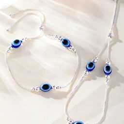 VALLEY OF JEWELLERY - Set Of 2 Silver Plated Evil Eye Anklet - Silver-image-4