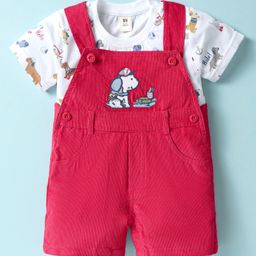 ToffyHouse Cotton Knit Dungaree & Half Sleeves Inner Tee with Animal Print & Embroidery - Red-image-86