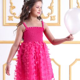 Mark & Mia Net Woven Singlet Sleeves A Line Party Frock with Butterfly Applique & Smock Detailing - Fuchsia-image-82