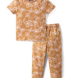 Pine Kids Single Jersey Knit Half Sleeves Night Suit with Floral Print - Brown-picture-25