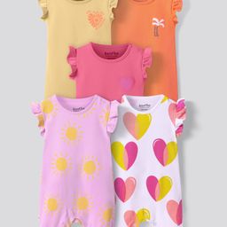 Bonfino 100% Cotton Knit Frill Sleeves Polka Dot & Heart Printed Rompers Pack of 5 - Multicolor-image-71