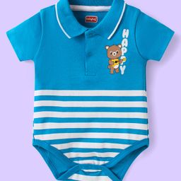 Babyhug 100% Cotton Knit Half Sleeves Collared Onesie with Bear Print & Stripes - Blue-image-84