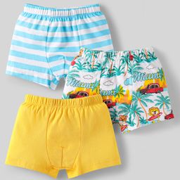 Babyhug 100% Cotton Single Jersey Knit Trunks With Stripes & Tropical Theme Print Pack Of 3 - Yellow White & Sky Blue-image-10