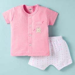 Zero Sinker Knit Half Sleeves Shorts Night Suit With Cat Print - Peach & White-image-99
