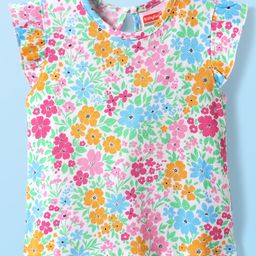 Babyhug Cotton Knit Frill Sleeves T-Shirt with Floral Print - Light Blue-picture-30
