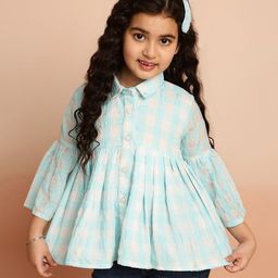 ISHTI Three Fourth Bell Sleeves Checked & Glitter Printed Shirt Style Top - Sky Blue-image-44