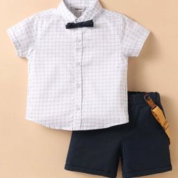 ToffyHouse Poplin Woven Half Sleeves Shirt & Shorts With Bow & Suspender & Geometric Print - White & Navy Blue-image-34