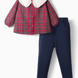 ToffyHouse 100% Cotton Woven Yarn Dyed Checkered Peter Pan Collared Top & Lounge Pants Set - Dark Red-picture-7