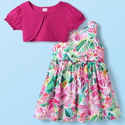 Babyhug Cotton Woven Frock & Half Sleeves Shrug With Floral Print & Bow Applique - Dark Pink-image-55