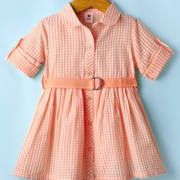 ToffyHouse Cotton Woven Full Sleeves Checkered Shirt Dress With Belt Detailing - Orange-picture-16