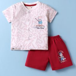 CUCUMBER Sinker Knit Half Sleeves Shorts Night Suit With Animal Print - White & Red-image-70