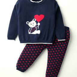 Simply Knit Full Sleeves Sweater Set With Bear & Hearts Design - Navy Blue-image-23