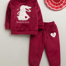 Bumzee Velvet Knit Full Sleeves Winter Wear T-Shirt & Lounge Pant Set With Rabbit Embroidery - Maroon-picture-31