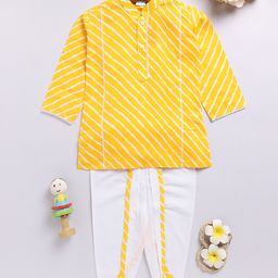 Vastramay Cotton Woven Full Sleeves Leheriya Printed Lace Detailed Dhoti Kurta Set - Yellow-picture-11