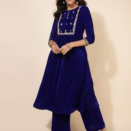Janasya Floral Embroidered Zari Velvet A-Line Kurta Kurta With Palazzo-image-80