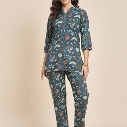 TRUVON FASHIONS Floral Printed Mandarin Collar Pure Cotton Tunic With Trousers-picture-45
