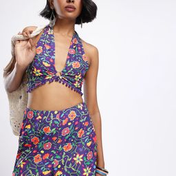 glitchez Floral Printed Halter Neck Smocked & Pom Pom Detail Crop Top With Trousers-picture-25