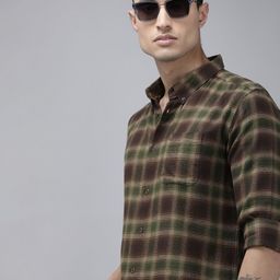 THE BEAR HOUSE Men Brown and Green Tartan Checks Slim Fit Casual Shirt-image-88