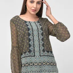250 DESIGNS Black & Blue Geometric Print Georgette Top-image-19