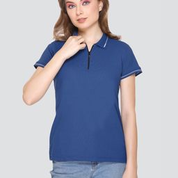 ELPIDA Women Blue Polo Collar T-shirt-image-5